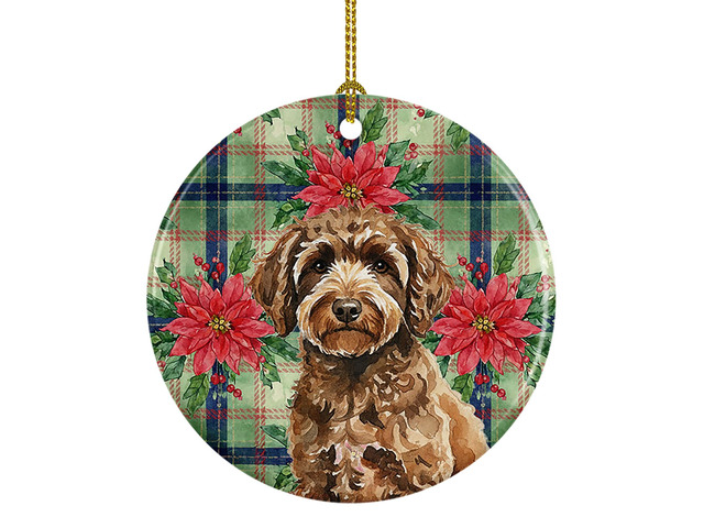 Spanish Water Dog Christmas PoinsettIas Ceramic Ornament Christmas Tree Hanging Decorations for Home Christmas Holiday, Party, Gift, 3 in, Multicolor