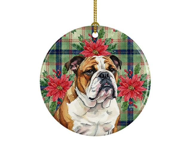 Brindle and White English Bulldog Christmas PoinsettIas Ceramic Ornament Christmas Tree Hanging Decorations for Home Christmas Holiday, Party,...