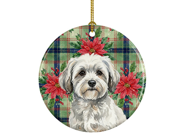 White with Gray Coton de Tulear Christmas PoinsettIas Ceramic Ornament Christmas Tree Hanging Decorations for Home Christmas Holiday, Party, Gift,...