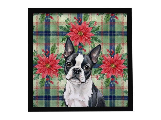 Boston Terrier Christmas PoinsettIas Framed Metal Print Bathroom, Kitchen, Office, Home Decor Wall Art Ready to Hang, Square, 8X8