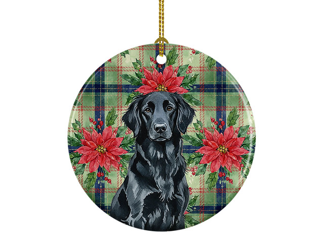 Black Flat-Coated Retriever Christmas PoinsettIas Ceramic Ornament Christmas Tree Hanging Decorations for Home Christmas Holiday, Party, Gift, 3...
