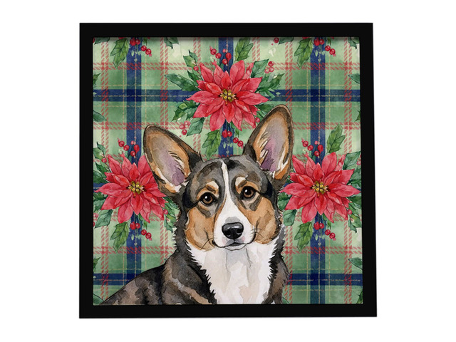 Brindle Cardigan Welsh Corgi Christmas PoinsettIas Framed Metal Print Bathroom, Kitchen, Office, Home Decor Wall Art Ready to Hang, Square, 8X8