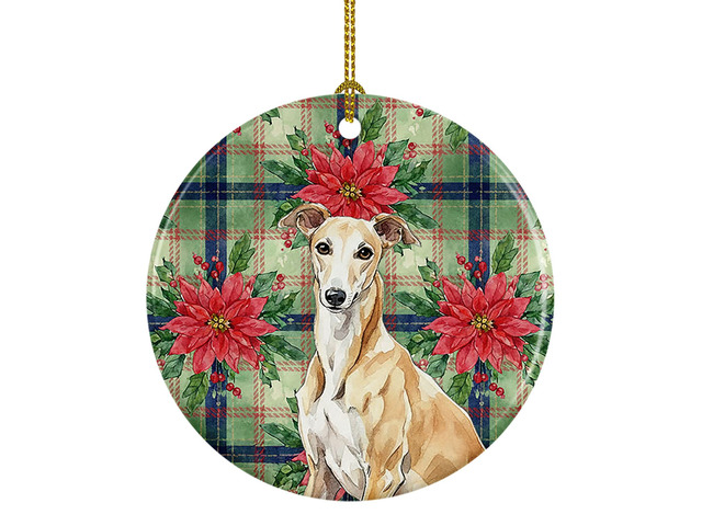 Fawn Greyhound Christmas PoinsettIas Ceramic Ornament Christmas Tree Hanging Decorations for Home Christmas Holiday, Party, Gift, 3 in, Multicolor