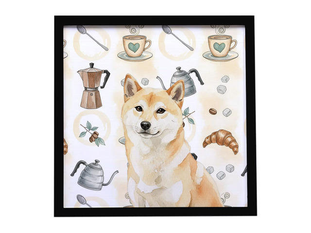 Cream Shiba Inu Coffee Bar Framed Metal Print Bathroom, Kitchen, Office, Home Decor Wall Art Ready to Hang, Square, 8X8