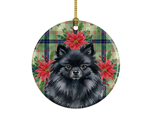 Black Pomeranian Christmas PoinsettIas Ceramic Ornament Christmas Tree Hanging Decorations for Home Christmas Holiday, Party, Gift, 3 in, Multicolor