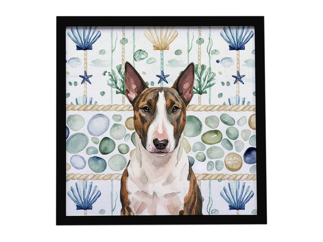 Brindle and White Bull Terrier Coastal Sea Glass Framed Metal Print Bathroom, Kitchen, Office, Home Decor Wall Art Ready to Hang, Square, 8X8