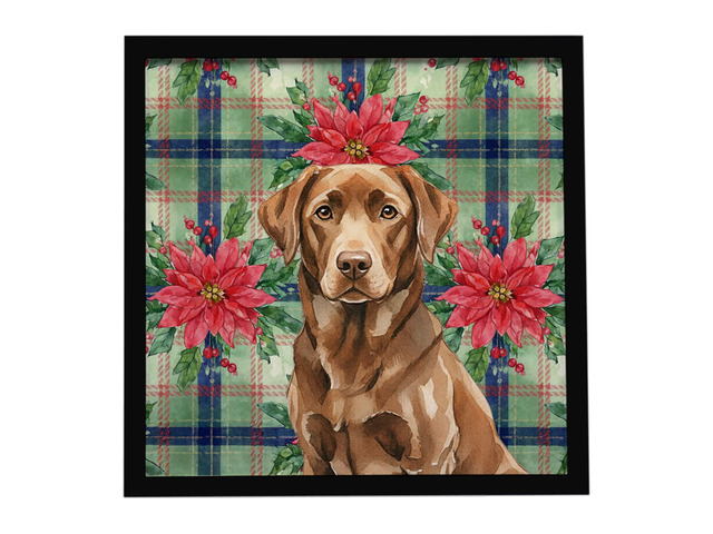 Chocolate Labrador Retriever Christmas PoinsettIas Framed Metal Print Bathroom, Kitchen, Office, Home Decor Wall Art Ready to Hang, Square, 8X8