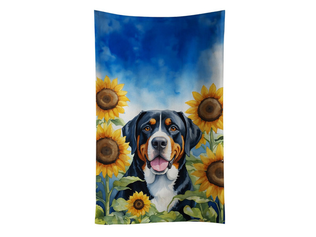 Greater Swiss Mountain Dog in Sunflowers Kitchen Towel Dish Cloths Guest Hand Towel Decorative Bathroom Towel for Face,Tea, Dishcloth, Kitchen and...