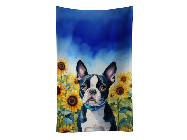 Boston Terrier in Sunflowers Kitchen Towel Dish Cloths Guest Hand Towel Decorative Bathroom Towel for Face,Tea, Dishcloth, Kitchen and Bath