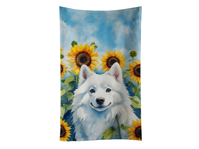 American Eskimo in Sunflowers Kitchen Towel Dish Cloths Guest Hand Towel Decorative Bathroom Towel for Face,Tea, Dishcloth, Kitchen and Bath