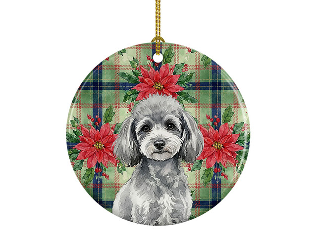 Toy Silver Poodle Christmas PoinsettIas Ceramic Ornament Christmas Tree Hanging Decorations for Home Christmas Holiday, Party, Gift, 3 in, Multicolor