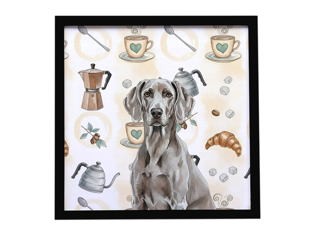 Weimaraner Coffee Bar Framed Metal Print Bathroom, Kitchen, Office, Home Decor Wall Art Ready to Hang, Square, 8X8