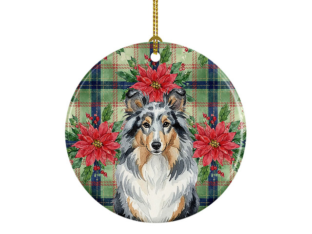 Blue Merle Sheltie Christmas PoinsettIas Ceramic Ornament Christmas Tree Hanging Decorations for Home Christmas Holiday, Party, Gift, 3 in, Multicolor
