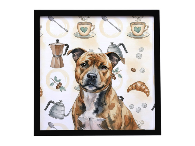 Brindle Staffordshire Bull Terrier Coffee Bar Framed Metal Print Bathroom, Kitchen, Office, Home Decor Wall Art Ready to Hang, Square, 8X8