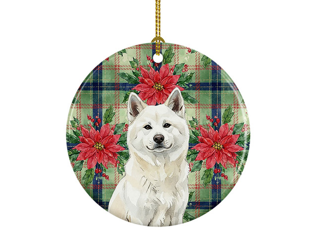 White Akita Christmas PoinsettIas Ceramic Ornament Christmas Tree Hanging Decorations for Home Christmas Holiday, Party, Gift, 3 in, Multicolor