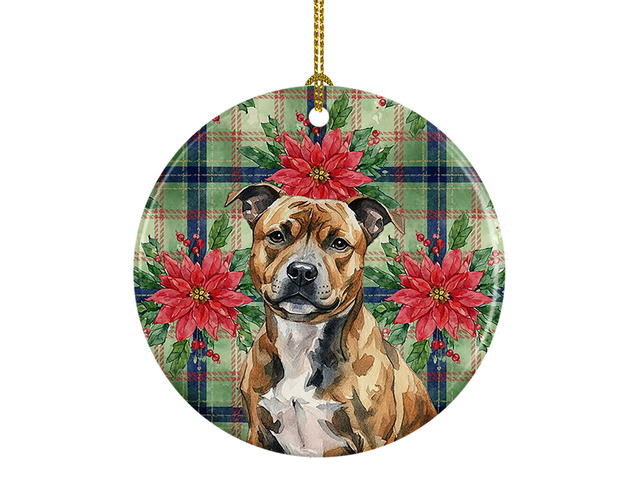Brindle Staffordshire Bull Terrier Christmas PoinsettIas Ceramic Ornament Christmas Tree Hanging Decorations for Home Christmas Holiday, Party,...