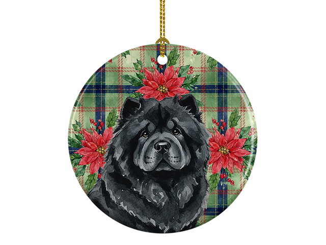 Black Chow Chow Christmas PoinsettIas Ceramic Ornament Christmas Tree Hanging Decorations for Home Christmas Holiday, Party, Gift, 3 in, Multicolor