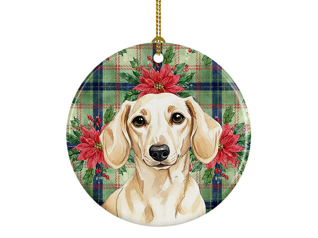 Cream Dachshund Christmas PoinsettIas Ceramic Ornament Christmas Tree Hanging Decorations for Home Christmas Holiday, Party, Gift, 3 in, Multicolor