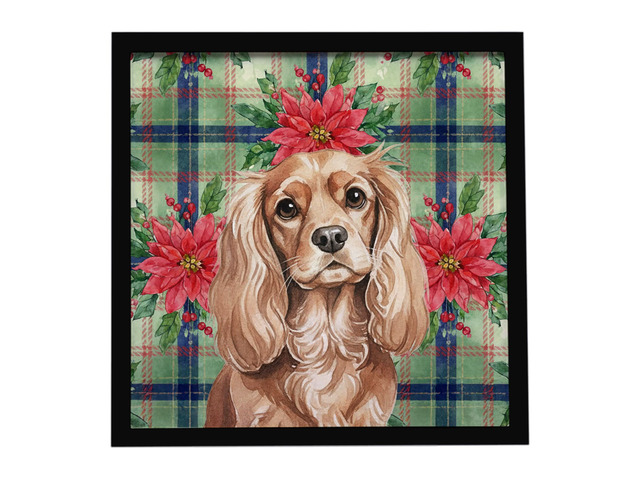 Ruby Cavalier Spaniel Christmas PoinsettIas Framed Metal Print Bathroom, Kitchen, Office, Home Decor Wall Art Ready to Hang, Square, 8X8