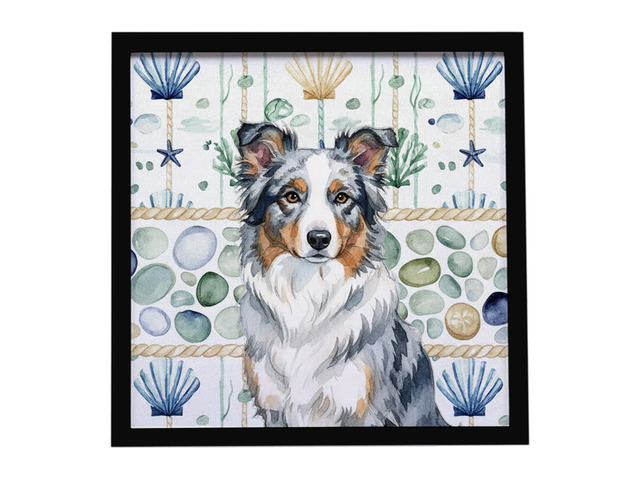 Blue Merle Border Collie Coastal Sea Glass Framed Metal Print Bathroom, Kitchen, Office, Home Decor Wall Art Ready to Hang, Square, 8X8