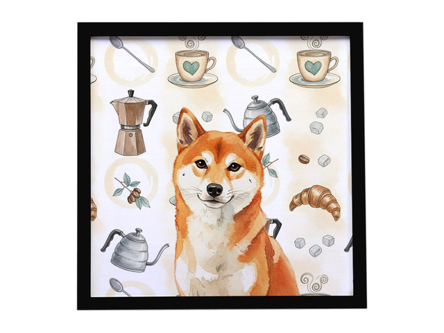 Red Shiba Inu Coffee Bar Framed Metal Print Bathroom, Kitchen, Office, Home Decor Wall Art Ready to Hang, Square, 8X8