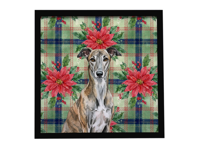Brindle Greyhound Christmas PoinsettIas Framed Metal Print Bathroom, Kitchen, Office, Home Decor Wall Art Ready to Hang, Square, 8X8