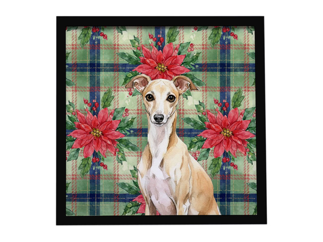 Fawn Italian Greyhound Christmas PoinsettIas Framed Metal Print Bathroom, Kitchen, Office, Home Decor Wall Art Ready to Hang, Square, 8X8