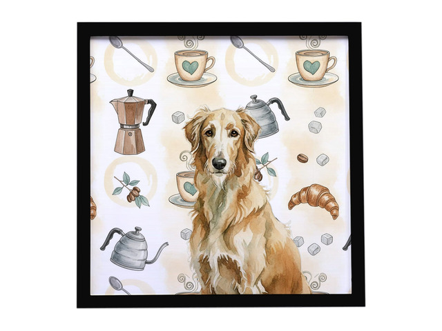 Wheaten Scottish Deerhound Coffee Bar Framed Metal Print Bathroom, Kitchen, Office, Home Decor Wall Art Ready to Hang, Square, 8X8