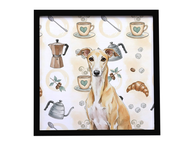 Fawn Whippet Coffee Bar Framed Metal Print Bathroom, Kitchen, Office, Home Decor Wall Art Ready to Hang, Square, 8X8