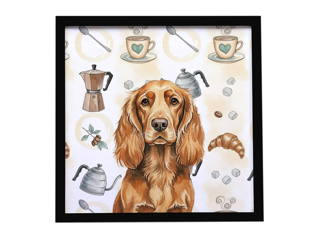 Sussex Spaniel Coffee Bar Framed Metal Print Bathroom, Kitchen, Office, Home Decor Wall Art Ready to Hang, Square, 8X8