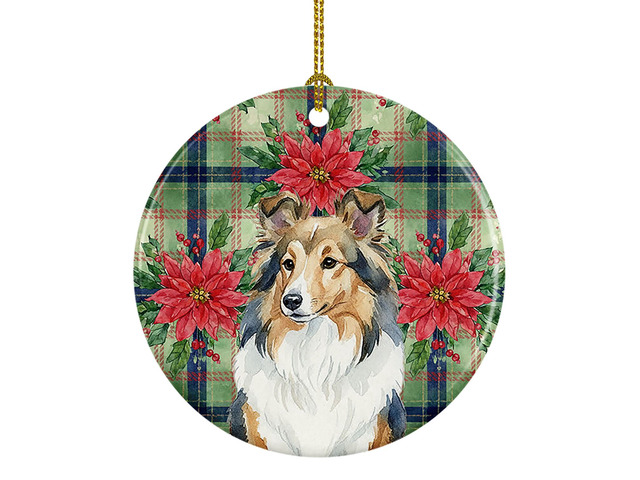 Sable Sheltie Christmas PoinsettIas Ceramic Ornament Christmas Tree Hanging Decorations for Home Christmas Holiday, Party, Gift, 3 in, Multicolor