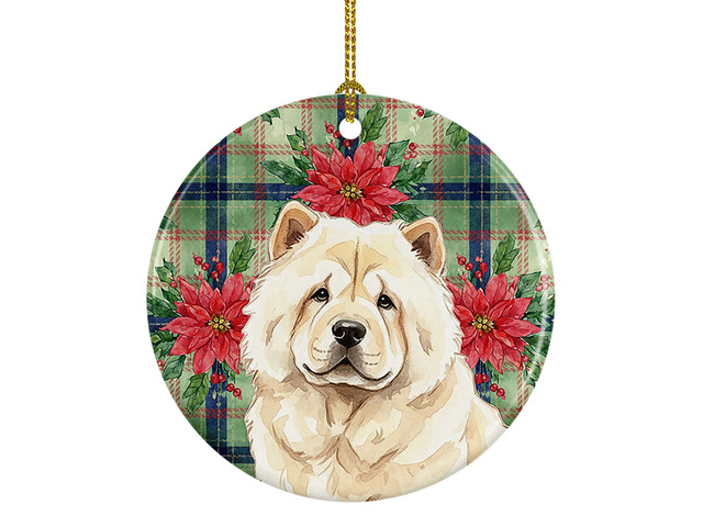 Cream Chow Chow Christmas PoinsettIas Ceramic Ornament Christmas Tree Hanging Decorations for Home Christmas Holiday, Party, Gift, 3 in, Multicolor