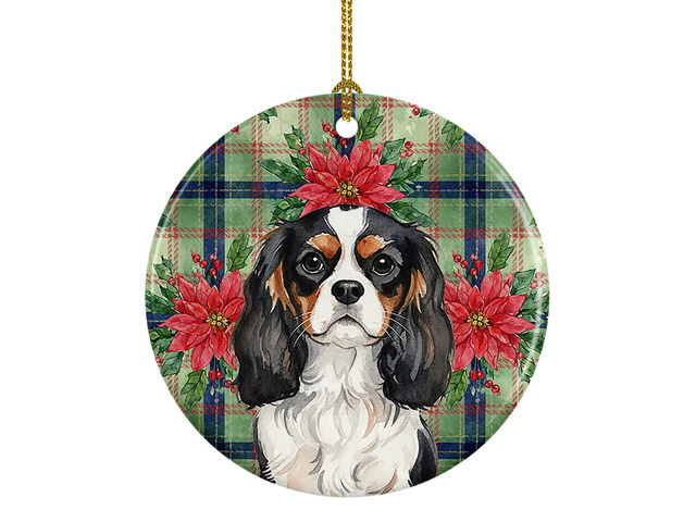 Tricolor Cavalier Spaniel Christmas PoinsettIas Ceramic Ornament Christmas Tree Hanging Decorations for Home Christmas Holiday, Party, Gift, 3 in,...