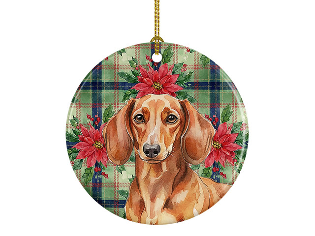Red Brown Dachshund Christmas PoinsettIas Ceramic Ornament Christmas Tree Hanging Decorations for Home Christmas Holiday, Party, Gift, 3 in,...
