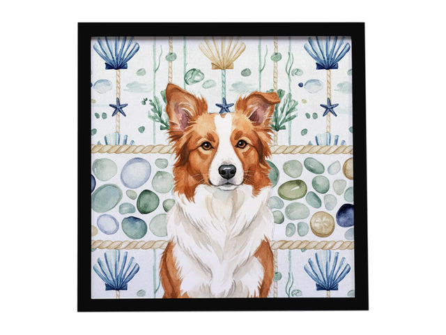 Red and White Border Collie Coastal Sea Glass Framed Metal Print Bathroom, Kitchen, Office, Home Decor Wall Art Ready to Hang, Square, 8X8
