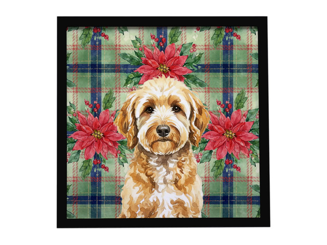 Goldendoodle Christmas PoinsettIas Framed Metal Print Bathroom, Kitchen, Office, Home Decor Wall Art Ready to Hang, Square, 8X8
