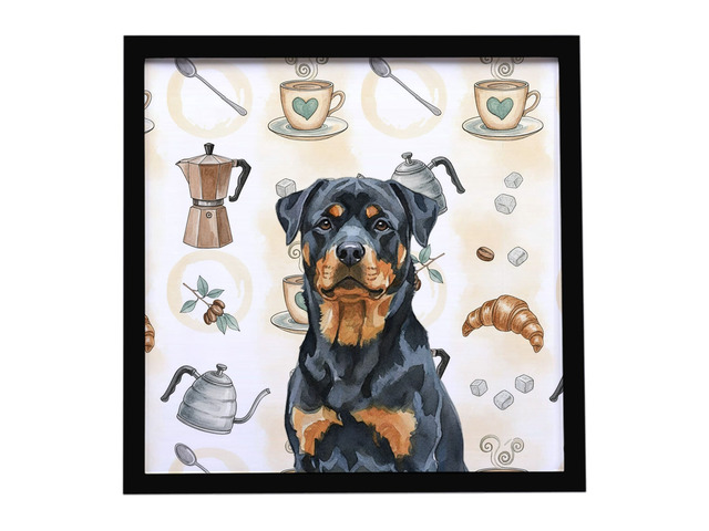 Rottweiler Coffee Bar Framed Metal Print Bathroom, Kitchen, Office, Home Decor Wall Art Ready to Hang, Square, 8X8