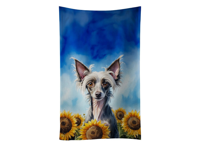 Chinese Crested in Sunflowers Kitchen Towel Dish Cloths Guest Hand Towel Decorative Bathroom Towel for Face,Tea, Dishcloth, Kitchen and Bath