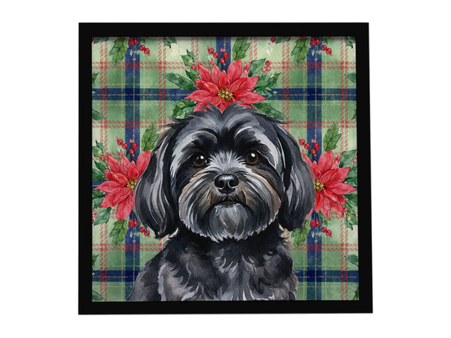 Black Lhasa Apso Christmas PoinsettIas Framed Metal Print Bathroom, Kitchen, Office, Home Decor Wall Art Ready to Hang, Square, 8X8
