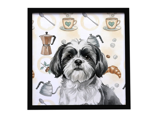 Black and White Shih Tzu Coffee Bar Framed Metal Print Bathroom, Kitchen, Office, Home Decor Wall Art Ready to Hang, Square, 8X8