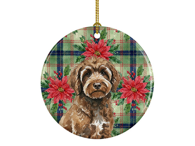 Brown Portuguese Water Dog Christmas PoinsettIas Ceramic Ornament Christmas Tree Hanging Decorations for Home Christmas Holiday, Party, Gift, 3 in,...