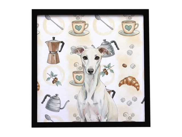 White Whippet Coffee Bar Framed Metal Print Bathroom, Kitchen, Office, Home Decor Wall Art Ready to Hang, Square, 8X8