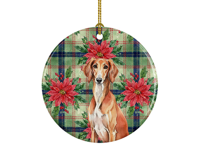 Red Saluki Christmas PoinsettIas Ceramic Ornament Christmas Tree Hanging Decorations for Home Christmas Holiday, Party, Gift, 3 in, Multicolor