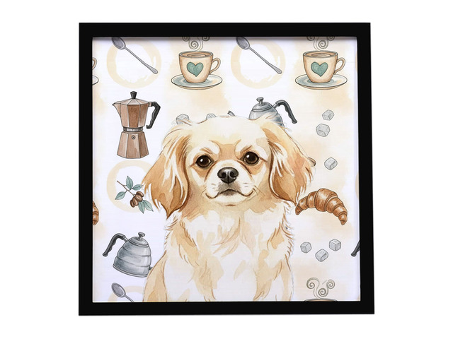 Cream Tibetan Spaniel Coffee Bar Framed Metal Print Bathroom, Kitchen, Office, Home Decor Wall Art Ready to Hang, Square, 8X8