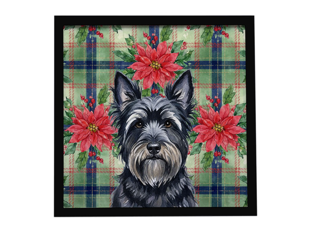 Black Skye Terrier Christmas PoinsettIas Framed Metal Print Bathroom, Kitchen, Office, Home Decor Wall Art Ready to Hang, Square, 8X8