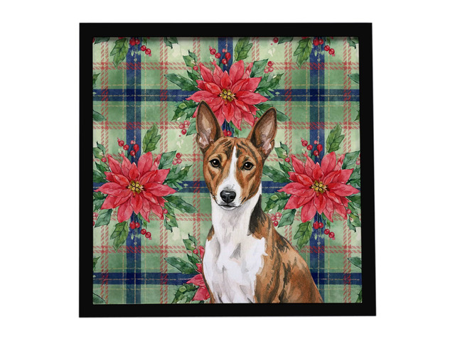 Brindle and White Basenji Christmas PoinsettIas Framed Metal Print Bathroom, Kitchen, Office, Home Decor Wall Art Ready to Hang, Square, 8X8