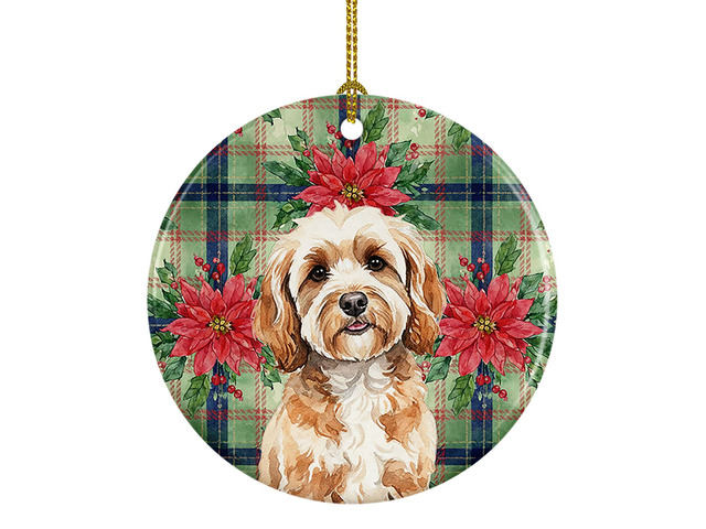 Cavapoo Christmas PoinsettIas Ceramic Ornament Christmas Tree Hanging Decorations for Home Christmas Holiday, Party, Gift, 3 in, Multicolor