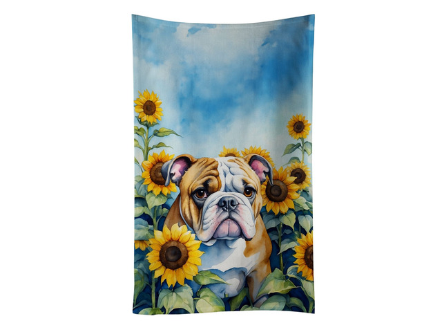English Bulldog in Sunflowers Kitchen Towel Dish Cloths Guest Hand Towel Decorative Bathroom Towel for Face,Tea, Dishcloth, Kitchen and Bath