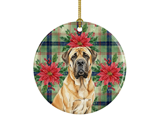 Fawn English Mastiff Christmas PoinsettIas Ceramic Ornament Christmas Tree Hanging Decorations for Home Christmas Holiday, Party, Gift, 3 in,...