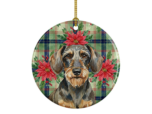 Wirehaired Wild Boar Dachshund Christmas PoinsettIas Ceramic Ornament Christmas Tree Hanging Decorations for Home Christmas Holiday, Party, Gift, 3...